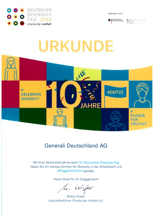 Urkunde der Charta der Vielfalt, die die "Generali Deutschland AG" als Teilnehmer des 10. Deutschen Diversity Tags auszeichnet.